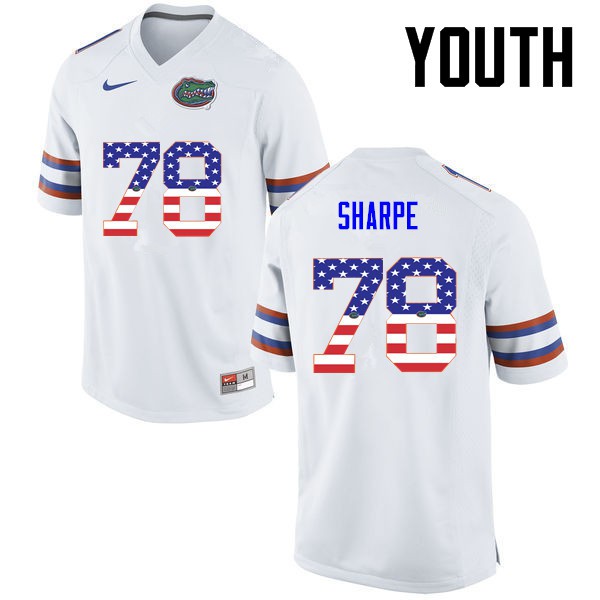 Florida Gators Youth #78 David Sharpe College Football USA Flag Fashion White